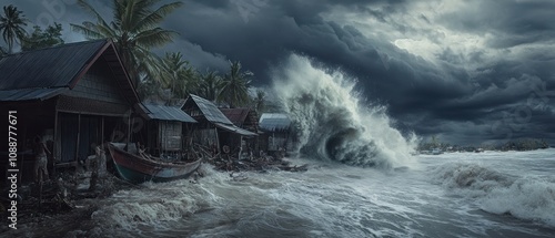 Powerful tsunami waves hit coastal villages, swallowing houses and trees background wallpaper AI generated image photo