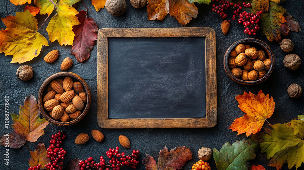 Autumnal Chalkboard with Almonds Walnuts and Fall Leaves Autumnal Chalkboard with Almonds Walnuts and Fall Leaves