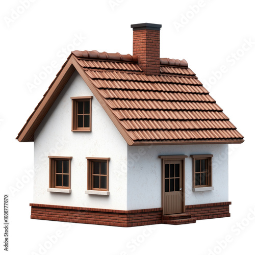 A quaint small white house with a brown roof stand isolated on transparent background photo