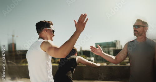 Obraz na plátně Outdoor, men and celebration with high five for fitness, marathon challenge and support on bridge