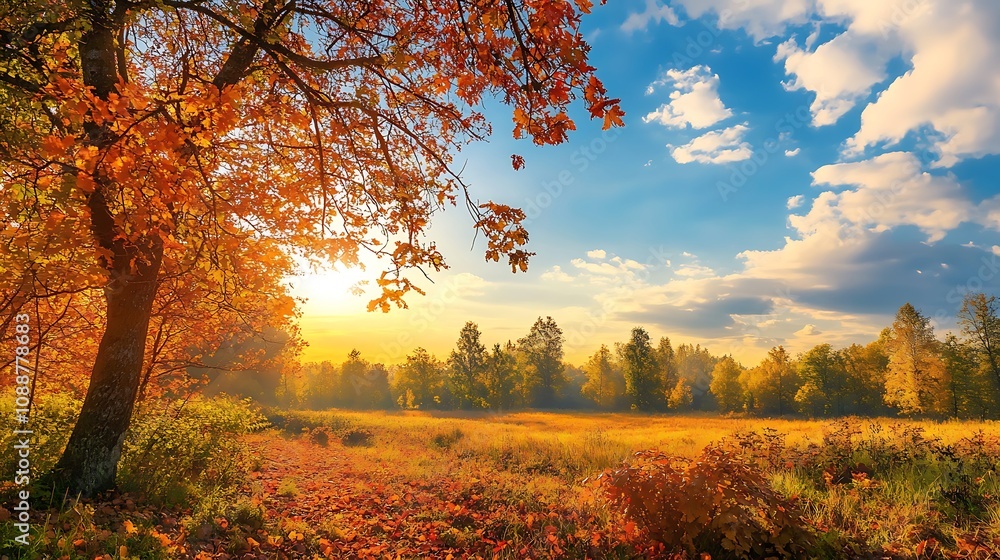 Naklejka premium Autumn landscape with colorful trees and meadow