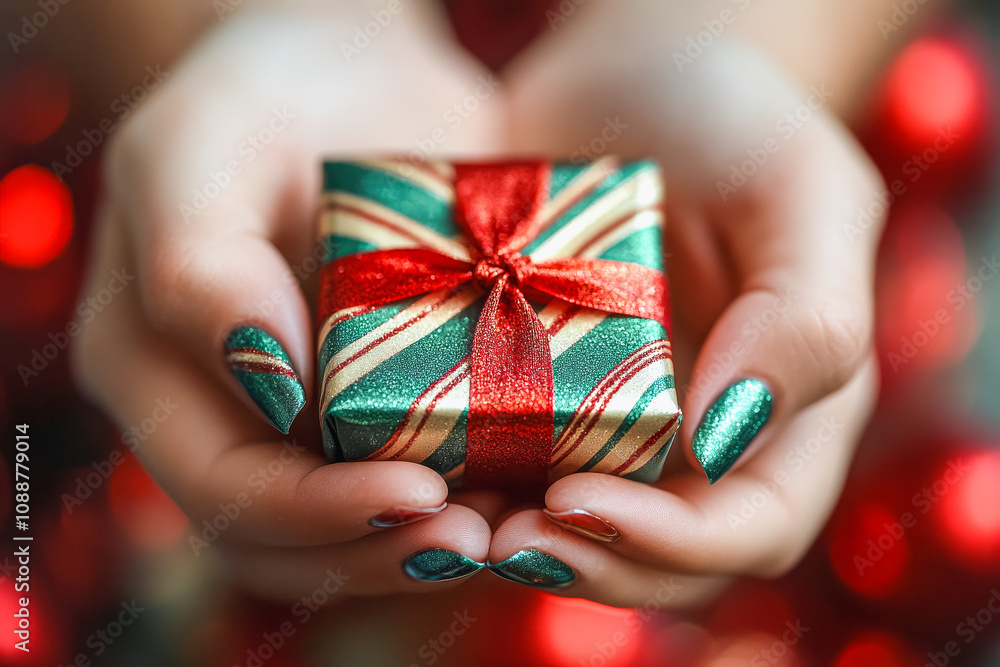 Festive christmas gift box in hands with glittering green nails - ideal for holiday cards and posters Festive christmas gift box in hands with glittering green nails - ideal for holiday cards and posters