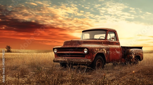 Rusty Vintage Pickup Truck in Field at Sunset