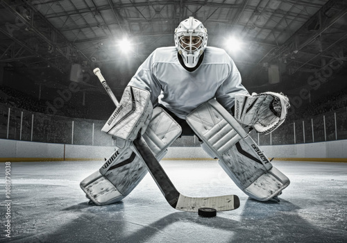Intense hockey goalie in action on ice rink with bright stadium lights