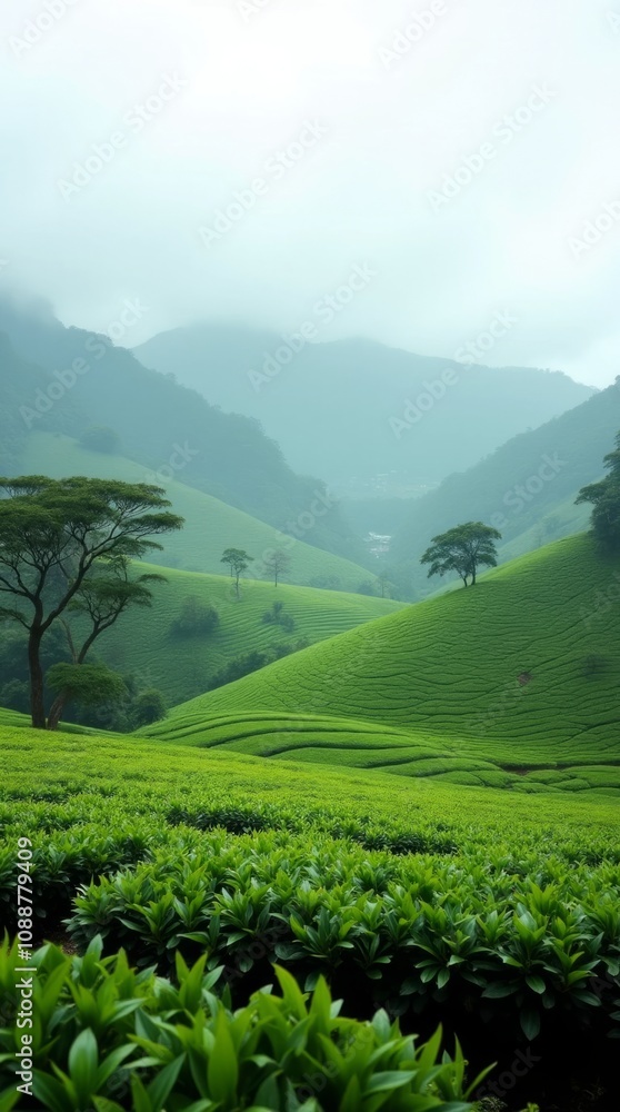 Obraz premium Serene Tea Plantation in Misty Hills