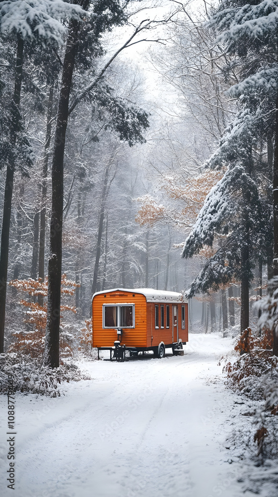 Orange Trailer in Snowy Forest Winter Wonderland Orange Trailer in Snowy Forest Winter Wonderland