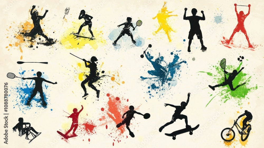 A vibrant collage of silhouetted athletes engaged in various sports with colorful splashes. A vibrant collage of silhouetted athletes engaged in various sports with colorful splashes.