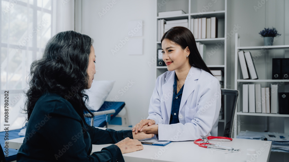 Doctor and Patient Consultation: Compassionate care, a female doctor offers reassuring support to her patient during a consultation. The image conveys trust, empathy. Doctor and Patient Consultation: Compassionate care, a female doctor offers reassuring support to her patient during a consultation. The image conveys trust, empathy.