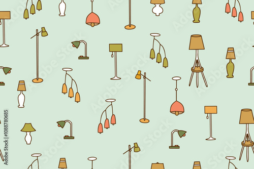 Seamless pattern of floor lamps, chandeliers, torchieres, lamps icons in doodle style. Hand drawn modern equipment for room lighting. Vector 