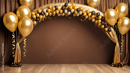 Golden and black balloons on the stage with curtains and wooden floor. 