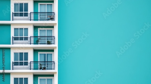 Modern apartment facade with turquoise wall and balconies.