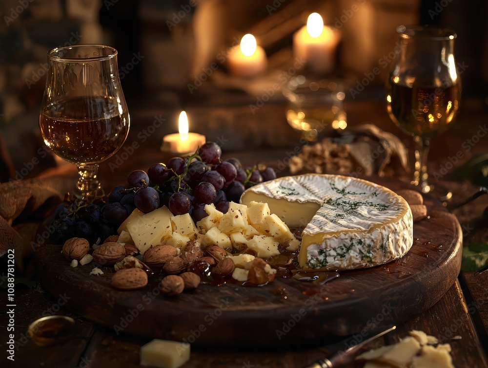 Naklejka premium A Cozy Rustic Cheese Plate Surrounded by Grapes, Nuts, and Honey with Candlelight, Creating an Inviting Atmosphere for Gatherings and Celebrations