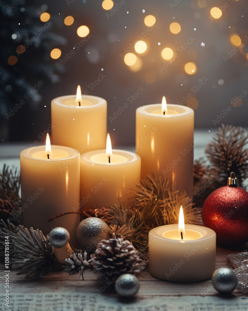 Christmas candles and lights decor. post card and collage template.celebration background.copy space Christmas candles and lights decor. post card and collage template.celebration background.copy space