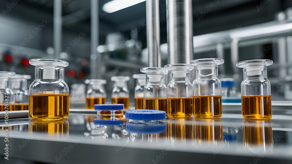 Close-Up View of Vials on a Pharmaceutical Production Line for Medicine Manufacturing Close-Up View of Vials on a Pharmaceutical Production Line for Medicine Manufacturing