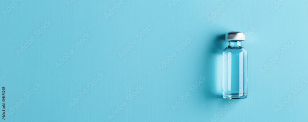 A clear bottle of medicine sits on a blue background A clear bottle of medicine sits on a blue background