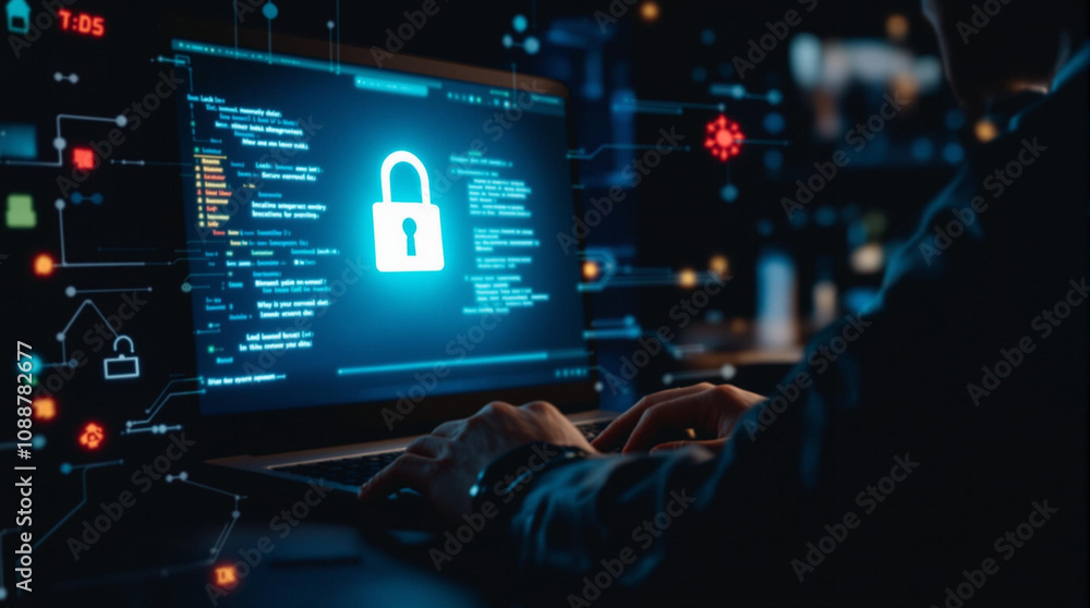 Person working on a laptop at night with a glowing lock symbol, focused on cybersecurity and programming tasks