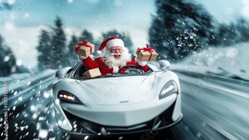 Happy smiling cool Santa Claus driving fast white roofless sports supercar. Gift boxes falling out