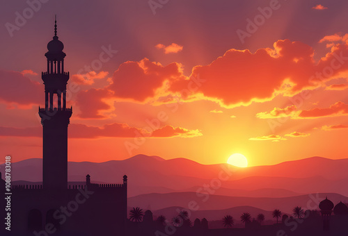 Silhouette of a mosque with domes and minarets in a vast landscape and orange sky at sunset, islamic background design