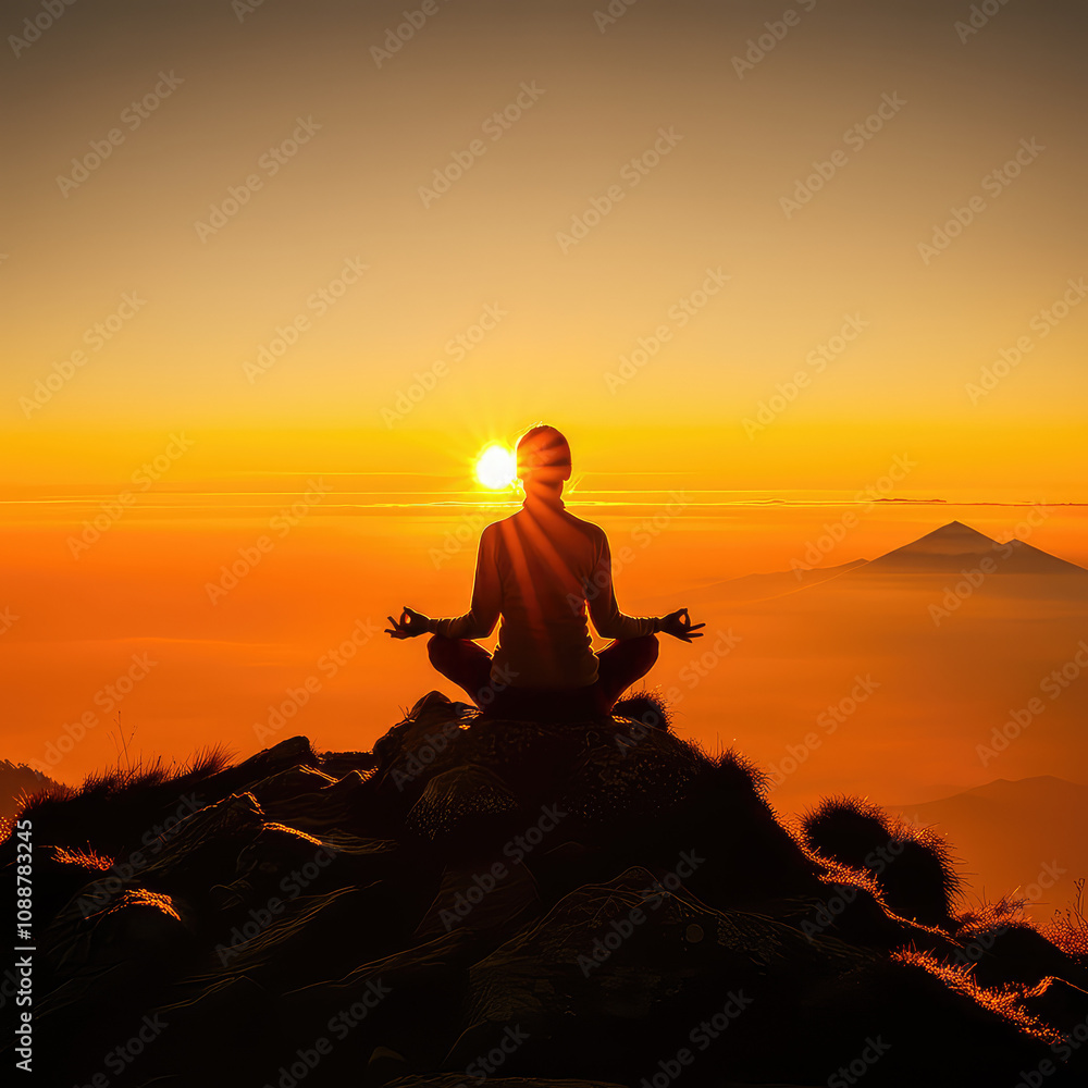 A serene scene of a person meditating on a mountaintop at sunrise, surrounded by a gentle glow, symbolizing inner peace and mental well-being A serene scene of a person meditating on a mountaintop at sunrise, surrounded by a gentle glow, symbolizing inner peace and mental well-being