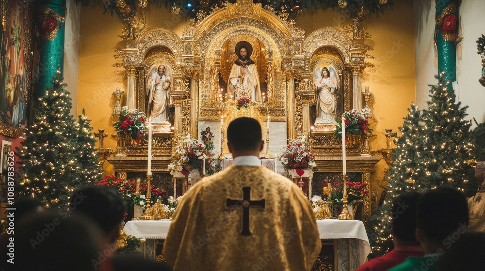 A man in a gold robe stands in front of a gold altar with a cross on his chest A man in a gold robe stands in front of a gold altar with a cross on his chest