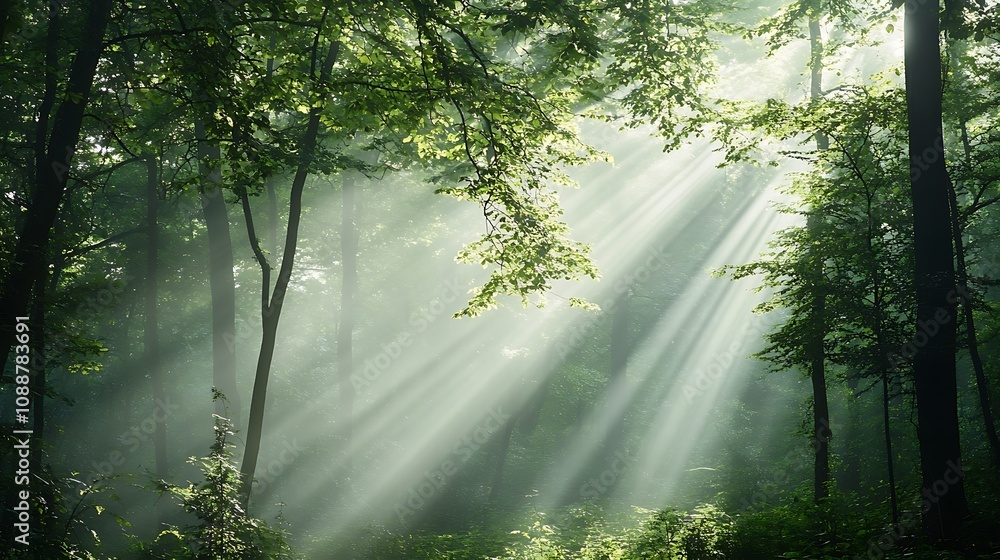Obraz premium Sunbeams in Misty Forest