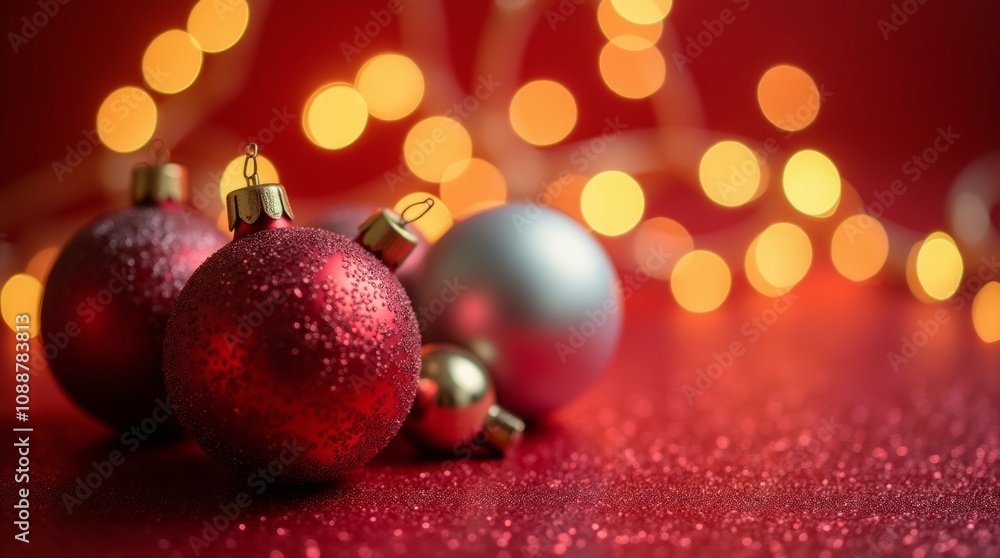 Glittering Christmas Baubles on a Sparkling Red Background Glittering Christmas Baubles on a Sparkling Red Background
