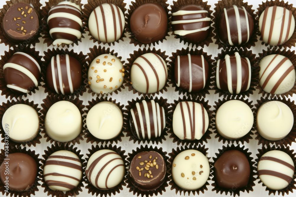 A row of chocolate truffles with white stripes A row of chocolate truffles with white stripes