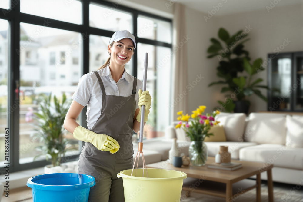 A woman in a uniform smiles while cleaning a spacious living room filled with natural light and plants A woman in a uniform smiles while cleaning a spacious living room filled with natural light and plants