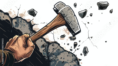 Close-up Hammer Breaking Cement Wall in Hand