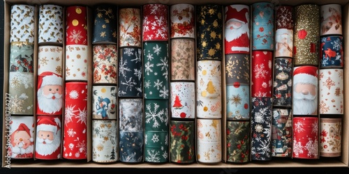 Medium shot of a box filled with different types of Christmas-themed wrapping tapes, with festive designs like snowflakes and Santa Claus.