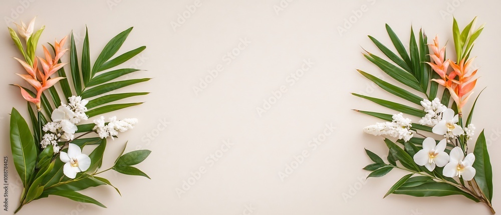 Tropical Floral Arrangement with Symmetrical Leaves and Blooms on Neutral Background Tropical Floral Arrangement with Symmetrical Leaves and Blooms on Neutral Background