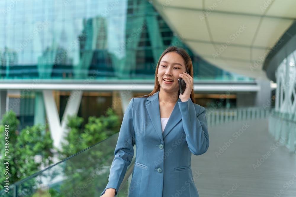 Young Businesswoman In Blue Suit Using Phone Outdoor In Front A Modern Office Building In A Business Financial District Young Businesswoman In Blue Suit Using Phone Outdoor In Front A Modern Office Building In A Business Financial District