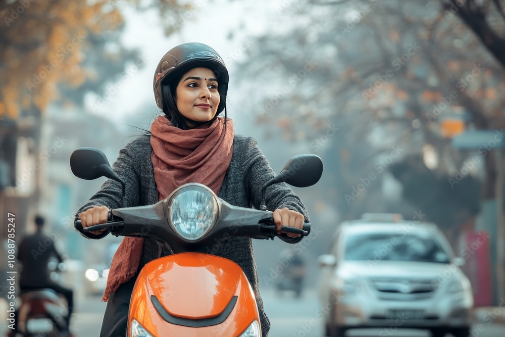 Obraz premium Indian woman riding electric scooter through winter city streets in urban environment