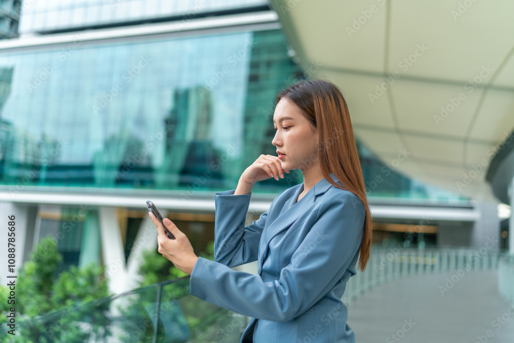 Young Businesswoman In Blue Suit Using Phone Outdoor In Front A Modern Office Building In A Business Financial District Young Businesswoman In Blue Suit Using Phone Outdoor In Front A Modern Office Building In A Business Financial District