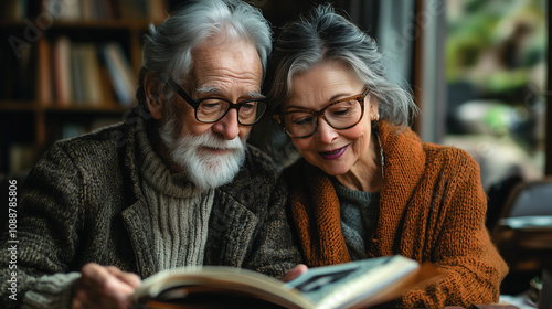 Elderly couple enjoying a cozy moment reading together at home during a quiet afternoon. Generative AI photo