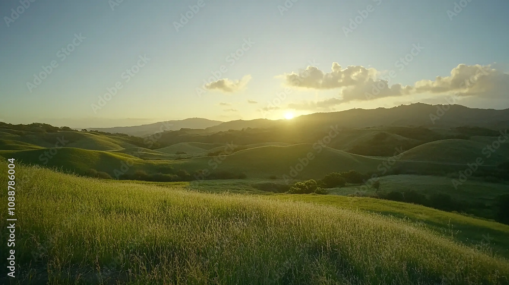 Fototapeta premium A golden sunset over a field of green rolling hills.