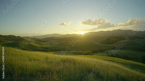 A golden sunset over a field of green rolling hills.
