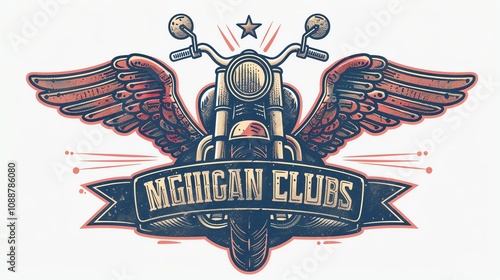 A vintage style illustration of a motorcycle with wings and a banner that says 