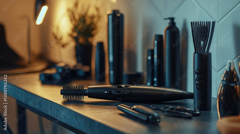 Collection of hair tools on a countertop, including a hairdryer, straightener, and curling iron, ideal for styling setups. Collection of hair tools on a countertop, including a hairdryer, straightener, and curling iron, ideal for styling setups.