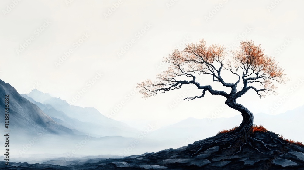Solitary Tree with Leafless Branches Against Misty Landscape Solitary Tree with Leafless Branches Against Misty Landscape