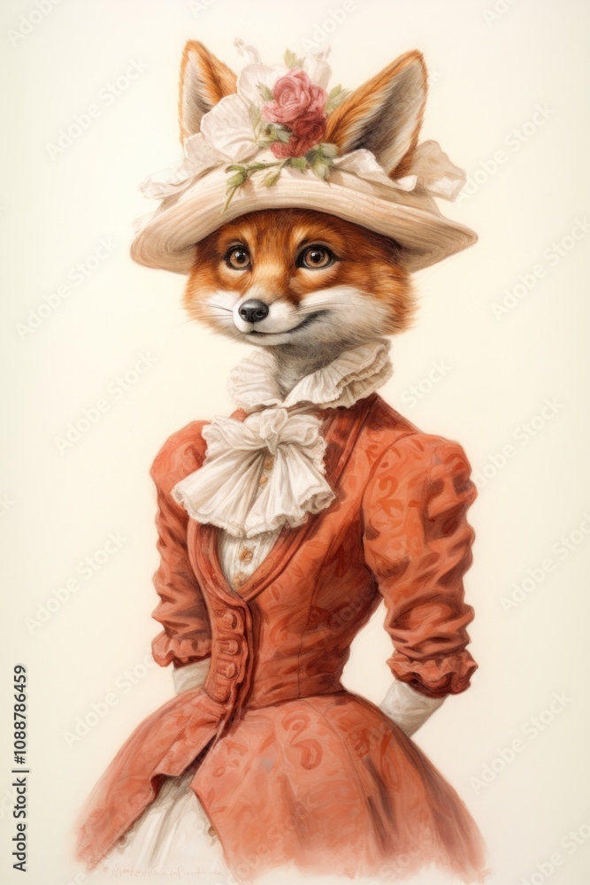 Naklejka premium Cute fox character wearing vintage costume portrait mammal animal.