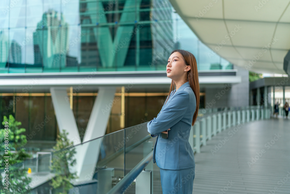 Fototapeta premium Young Businesswoman Holding Phone and Standing In Front A Modern Office Building, Looking Contented