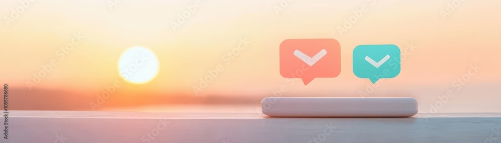 A serene sunset scene with stylized chat bubbles illustrating communication against a scenic backdrop. A serene sunset scene with stylized chat bubbles illustrating communication against a scenic backdrop.