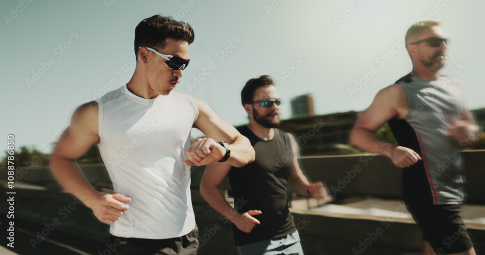 Fototapeta People, speed and running in city with watch, fitness tracker and check heart rate in urban town. Men, friends support and team blur for movement on street, outdoor cardio and monitor stats or timer