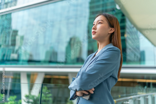 Young Businesswoman Holding Phone and Standing In Front A Modern Office Building, Looking Contented