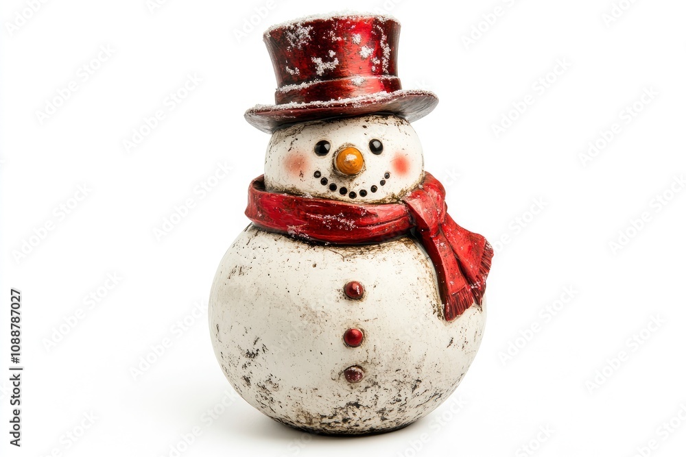 A charming snowman figurine with a red scarf and hat, evoking winter cheer. A charming snowman figurine with a red scarf and hat, evoking winter cheer.