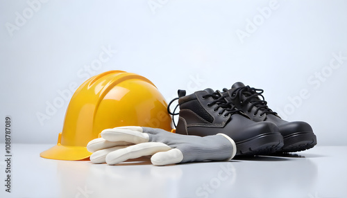 Yellow hardhat and safety equipment, white gloves and black shoes against a white background