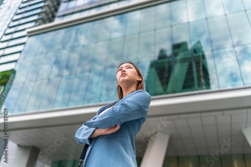 Confident Young Businesswoman With Laptop Bag In Front a Modern Office Building in a Financial Business District