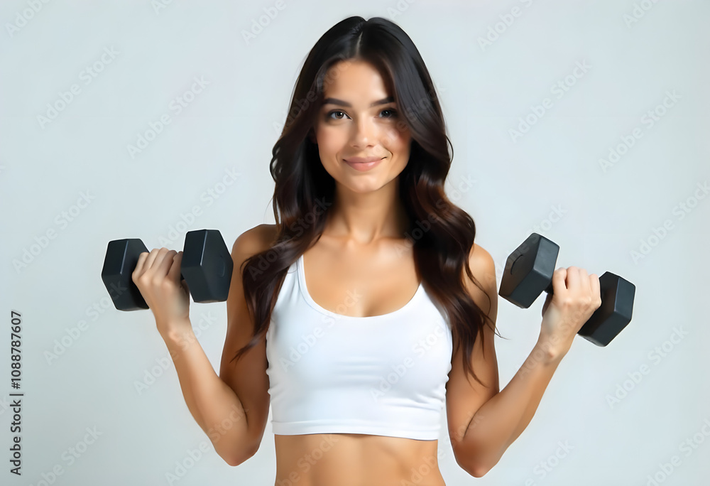 Female fitness model with long hair standing against plain background and holding black dumbbells in her hands, looking straight in the camera Female fitness model with long hair standing against plain background and holding black dumbbells in her hands, looking straight in the camera