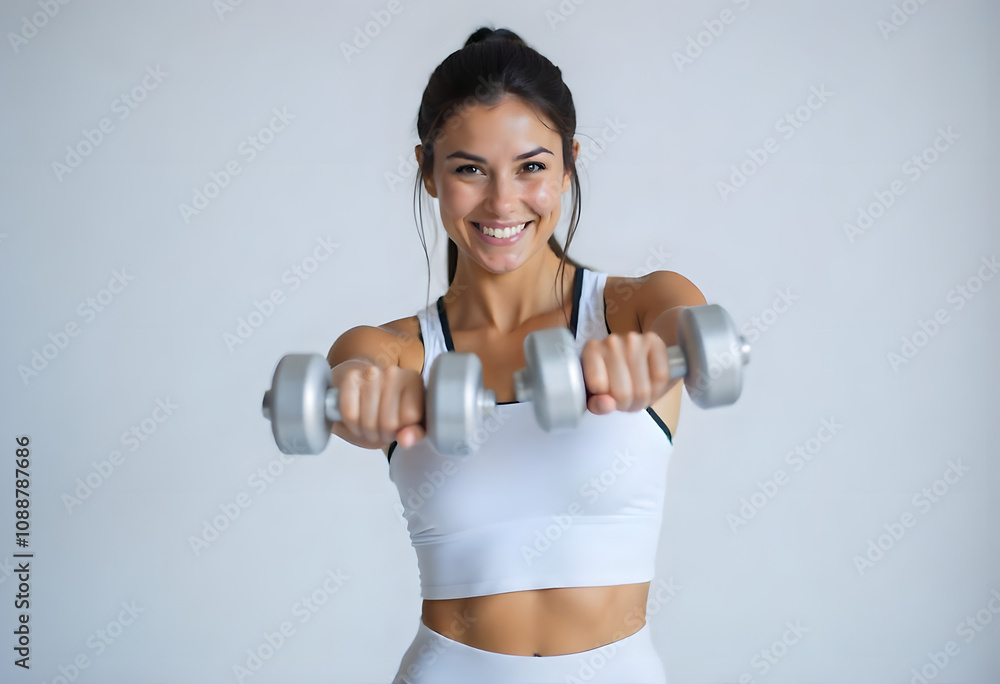 Young fit woman in white short t shirt and sport outfit, holding a dumbbell in her hands against a grey background Young fit woman in white short t shirt and sport outfit, holding a dumbbell in her hands against a grey background